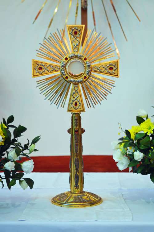 A monstrance is a vessel used in Roman Catholic churches for the more convenient exhibition of some object of piety, such as the consecrated Eucharistic host. It is sometimes also used as reliquary monstrance for the public display of relics of some saints. The word monstrance comes from the Latin word monstrare, meaning ‘to show’.