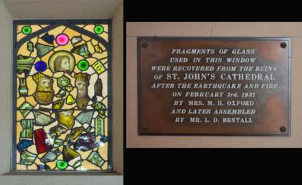 As  the plaque relates, fragments  of of glass from the destroyed original Cathedral were carefully assembled into this window.  I am reminded (in a small way!) of the reconstruction from fragments of the West window of Winchester Cathedral in England, after the original was destroyed by Cromwell.  [Click to ZOOM.]