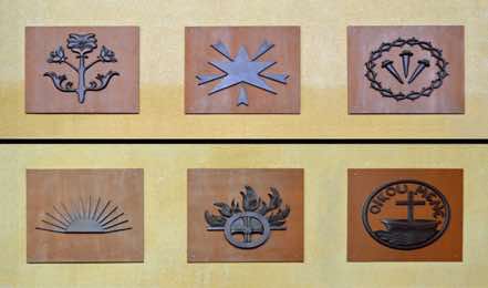 Continuing ...  Nativity (Glastonbury thorn bush), Epiphany (star), Crucifixion (crown of thorns, nails), Resurrection (sunrise), Ascension (chariot wheel and flames), Oikoumene (World Council of Churches and ecumenical movement).