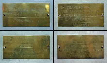 Four of the windows on the North side have memorial plaques.  The first was presented by the Barrell Trust in 1986.  The others remember:  •  Robert Charles Dockert  1917 – 1985;  •  Osborne Stanley Oliver Gibson (Dean of Waiapu 1944 – 61 during the building of this Cathedral);  •  Norman Alfred Leslie (Archbishop, Bishop of Waiapu 1947 – 71 during the building of the Cathedral).