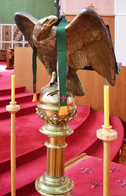 The lectern supports the Bible, and it is from here that the Word of God is read Sunday by Sunday.  This lectern is the only surviving furnishing from the original cathedral, and was given in memory of the first Dean.  [14]