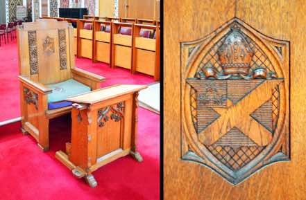 Cathedrals take their name from the ‘cathedra’ – the chair of the Bishop.  The chair in this Cathedral is made of oak and was carved for the wooden church built after the earthquake.  It is carved with the Diocesan coat of arms.  The Eagle of St John is embroidered on the Cathedra cushion.  [28]