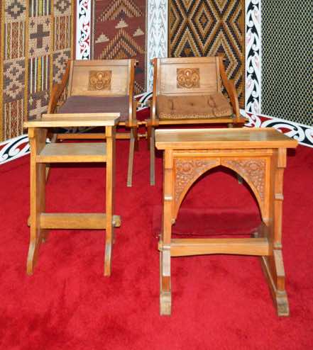 These carved chairs and desks stand in the North Eastern corner of the Maori Chapel.