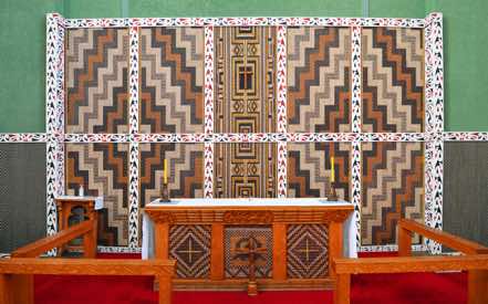 The Tukutuku Panelling was woven by the Maori pastorates of the Diocese.  They depict the styles and traditions of the various tribal areas and are of spiritual significance.  [24]