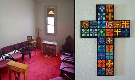 Near the gallery stairs is this little meeting room / chapel.  Of particular note is the decorated cross on the wall.