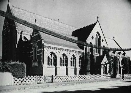 This is an exterior view of the first Cathedral which was designed by B. W. Mountfort of Christchurch.  Some warnings about the danger of building in brick were unfortunately ignored.