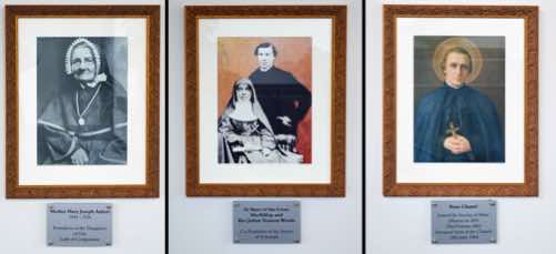 The photographs show from left:  •  Mother Mary Joseph Aubert 1835–1926,  •  St Mary of the Cross MacKillop and Rev Julian Tenison Woods,  and  • Peter Chanel.