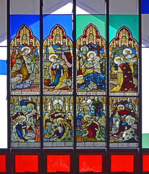 These six panes are again all dedicated to various people from the past, but the subject matter is easier to recognize here.  Clockwise from top left:  1&2 The Annunciation;  3&4 The Adoration of the Magi;  8  Jesus bearing his cross meets his mother (a rather fanciful depiction) 7 Jesus prays in the Garden;   6 The crowning of Mary;  5 Presentation of Jesus in the Temple.  [Click photo to ZOOM IN]