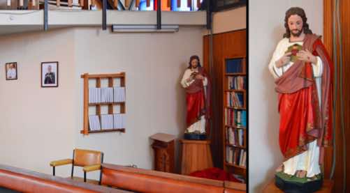 This back corner of the Church contains reading material and a statue of the Sacred Heart.  The devotion to the Sacred Heart is one of the most widely practiced and well-known Roman Catholic devotions, taking Jesus Christ’s physical heart as the representation of his divine love for humanity.